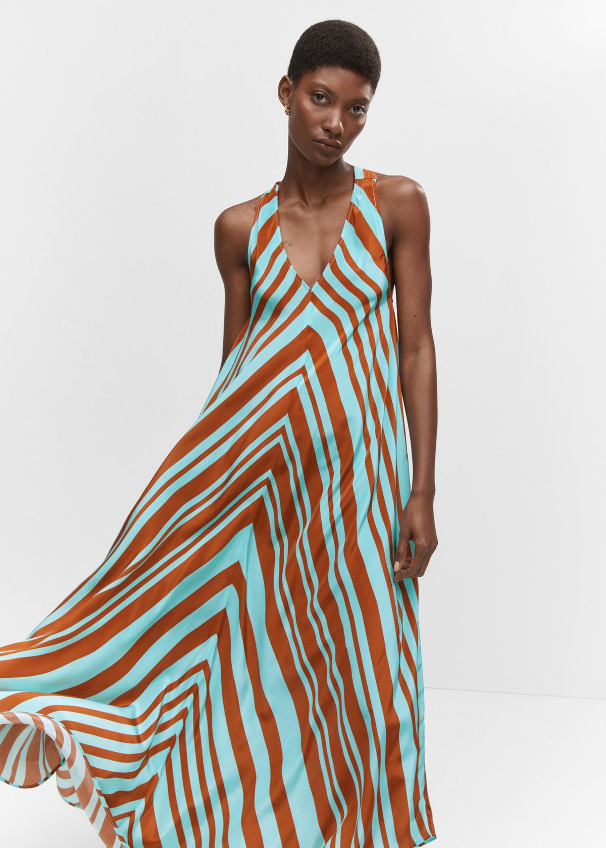 Vestido rayado en marrón y turquesa